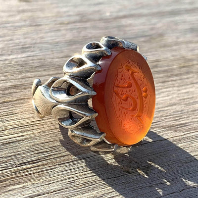 Red Aqeeq Ring Men | Yemeni Aqeeq Ring | Engraved Ya Mahdi | Red Liver Aqeeq | AlAliGems | US Size 9 - Al Ali Gems