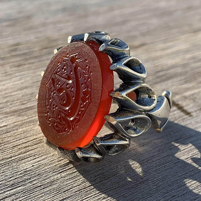 Red Aqeeq Ring Men | Yemeni Aqeeq Ring | Engraved Ya Mahdi | Red Liver Aqeeq | AlAliGems | US Size 9 - Al Ali Gems