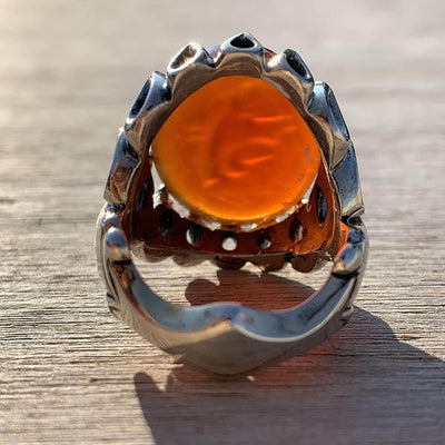 Red Aqeeq Ring Men | Yemeni Aqeeq Ring | Engraved Ya Mahdi | Red Liver Aqeeq | AlAliGems | US Size 9 - Al Ali Gems