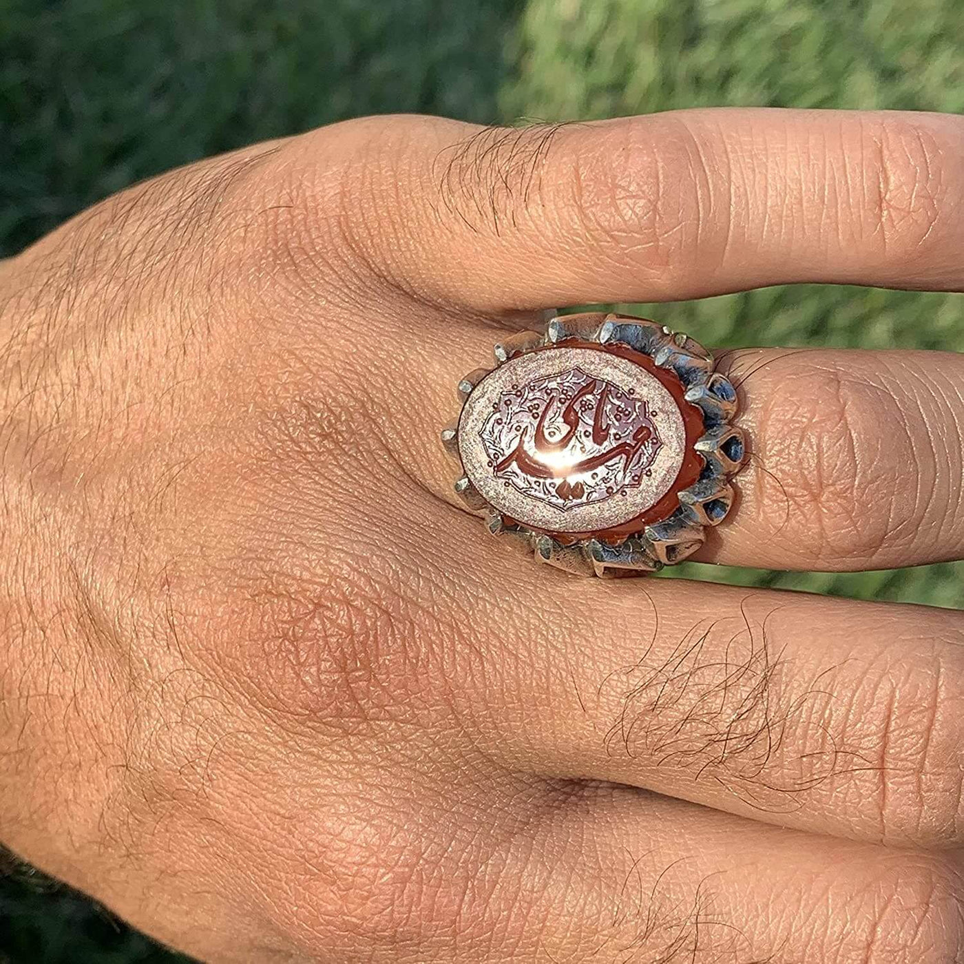 Red Aqeeq Ring Men | Yemeni Aqeeq Ring | Engraved Ya Mahdi | Red Liver Aqeeq | AlAliGems | US Size 9 - Al Ali Gems