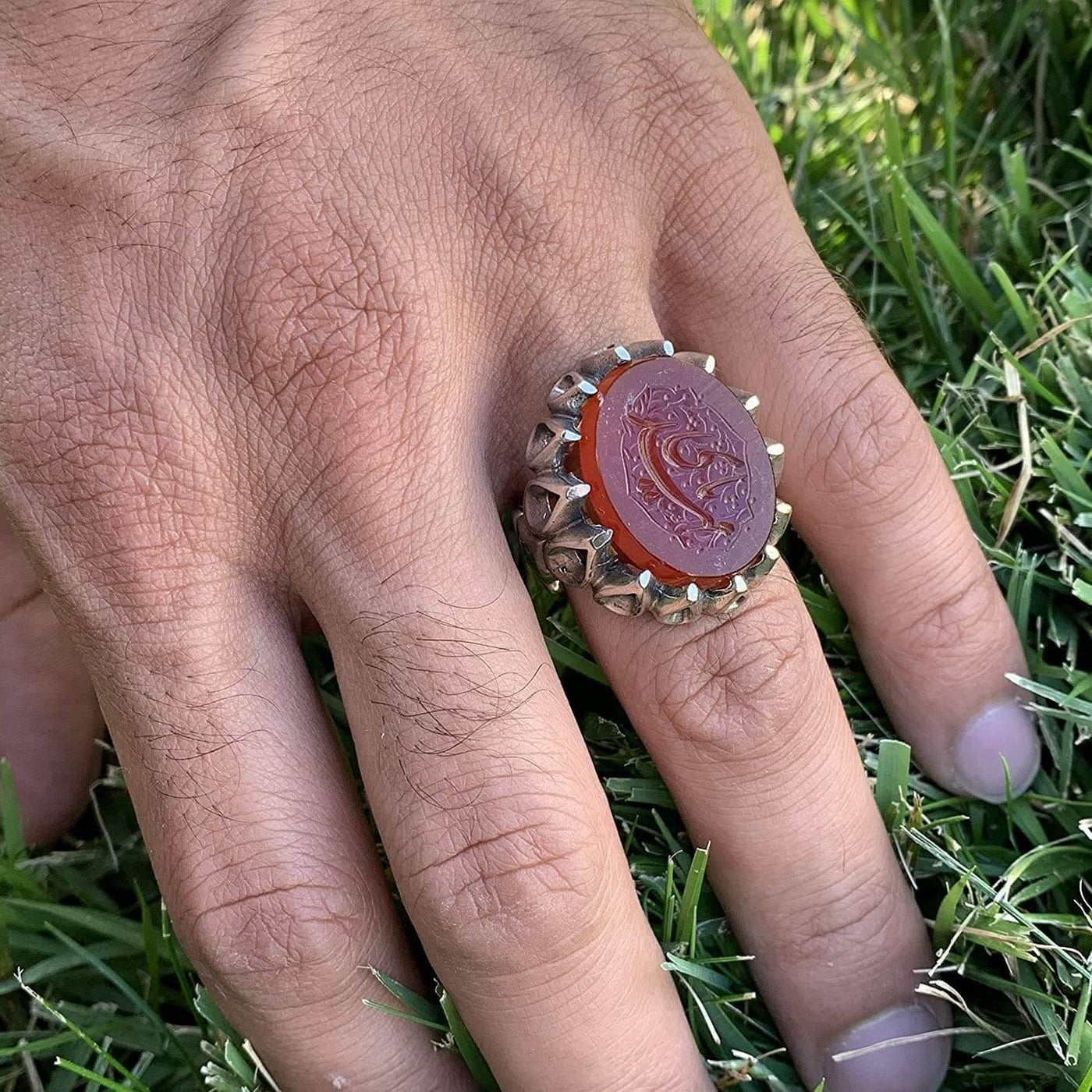 Red Aqeeq Ring Men | Yemeni Aqeeq Ring | Engraved Ya Mahdi | Red Liver Aqeeq | AlAliGems | US Size 9 - Al Ali Gems