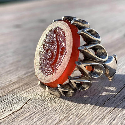 Red Aqeeq Ring Men | Yemeni Aqeeq Ring | Engraved Ya Mahdi | Red Liver Aqeeq | AlAliGems | US Size 9 - Al Ali Gems