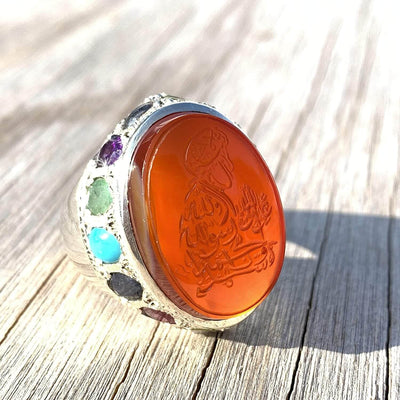 Red Aqeeq Ring Men | Yemeni Aqeeq Ring | Full Shahada | 15 Gemstone | AlAliGems | US Size 10 - Al Ali Gems