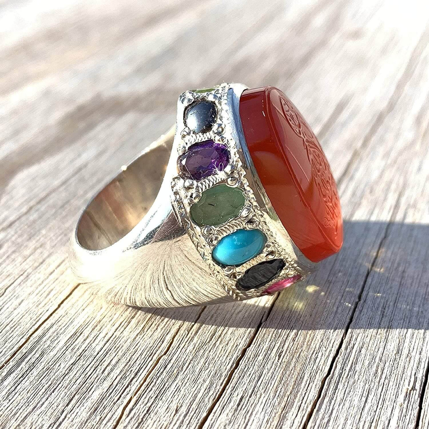 Red Aqeeq Ring Men | Yemeni Aqeeq Ring | Full Shahada | 15 Gemstone | AlAliGems | US Size 10 - Al Ali Gems