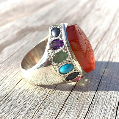 Red Aqeeq Ring Men | Yemeni Aqeeq Ring | Full Shahada | 15 Gemstone | AlAliGems | US Size 10 - Al Ali Gems