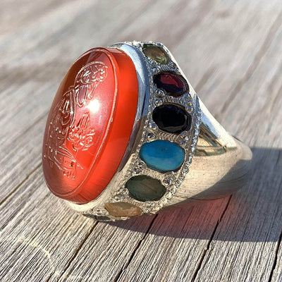 Red Aqeeq Ring Men | Yemeni Aqeeq Ring | Full Shahada | 15 Gemstone | AlAliGems | US Size 10 - Al Ali Gems