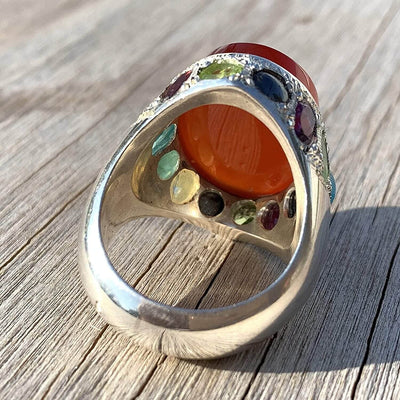 Red Aqeeq Ring Men | Yemeni Aqeeq Ring | Full Shahada | 15 Gemstone | AlAliGems | US Size 10 - Al Ali Gems