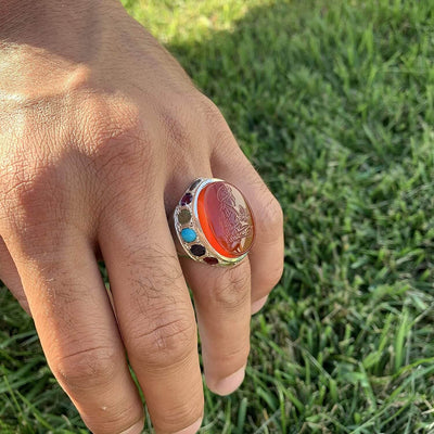 Red Aqeeq Ring Men | Yemeni Aqeeq Ring | Full Shahada | 15 Gemstone | AlAliGems | US Size 10 - Al Ali Gems