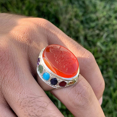 Red Aqeeq Ring Men | Yemeni Aqeeq Ring | Full Shahada | 15 Gemstone | AlAliGems | US Size 10 - Al Ali Gems