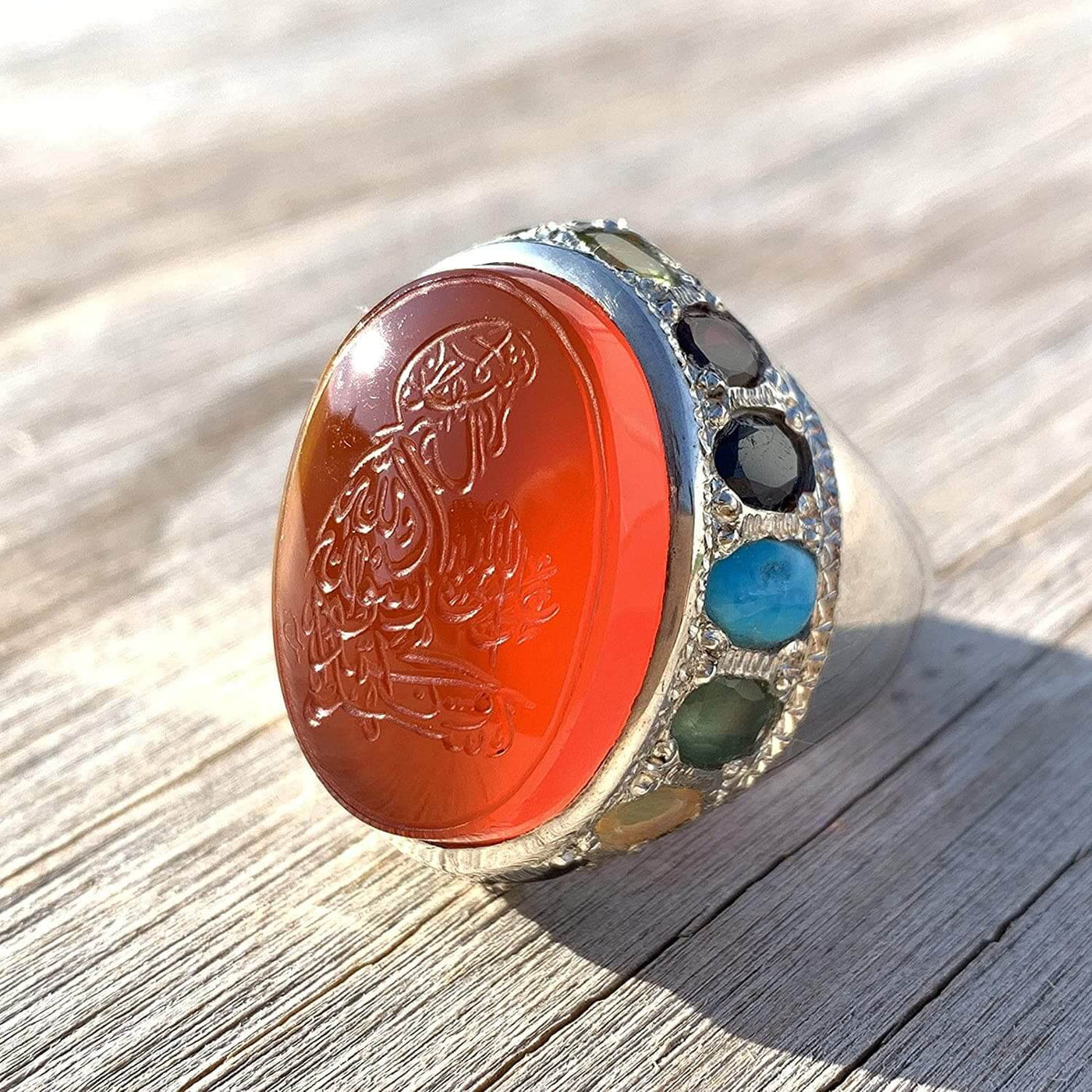 Red Aqeeq Ring Men | Yemeni Aqeeq Ring | Full Shahada | 15 Gemstone | AlAliGems | US Size 10 - Al Ali Gems