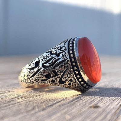 Red Aqeeq Ring Men | Yemeni Aqeeq Ring | Plain Red Aqeeq | Engraved Ya Imam Al Riza Ya Jawad Al Aaima US Size 12 - Al Ali Gems