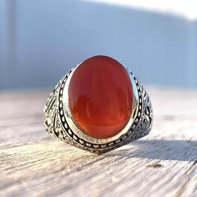 Red Aqeeq Ring Men | Yemeni Aqeeq Ring | Plain Red Aqeeq | Engraved Ya Imam Al Riza Ya Jawad Al Aaima US Size 12 - Al Ali Gems