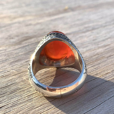 Red Aqeeq Ring Men | Yemeni Aqeeq Ring | Plain Red Aqeeq | Engraved Ya Imam Al Riza Ya Jawad Al Aaima US Size 12 - Al Ali Gems