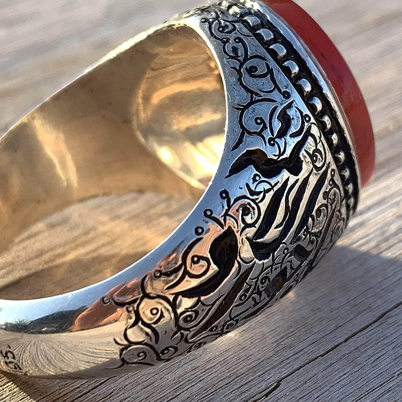 Red Aqeeq Ring Men | Yemeni Aqeeq Ring | Plain Red Aqeeq | Engraved Ya Imam Al Riza Ya Jawad Al Aaima US Size 12 - Al Ali Gems