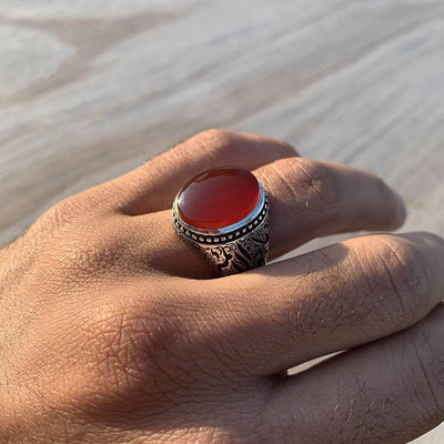 Red Aqeeq Ring Men | Yemeni Aqeeq Ring | Plain Red Aqeeq | Engraved Ya Imam Al Riza Ya Jawad Al Aaima US Size 12 - Al Ali Gems