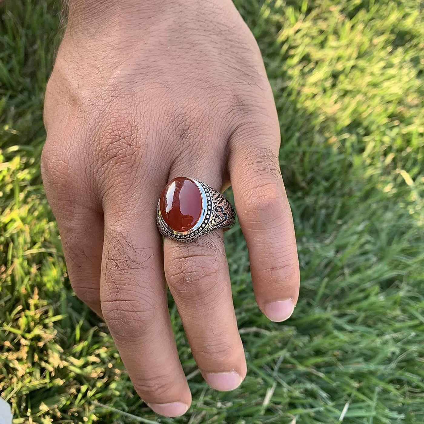 Red Aqeeq Ring Men | Yemeni Aqeeq Ring | Plain Red Aqeeq | Engraved Ya Imam Al Riza Ya Jawad Al Aaima US Size 12 - Al Ali Gems