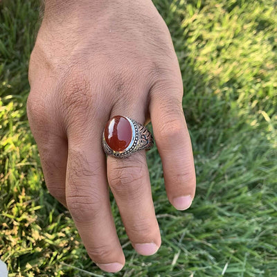 Red Aqeeq Ring Men | Yemeni Aqeeq Ring | Plain Red Aqeeq | Engraved Ya Imam Al Riza Ya Jawad Al Aaima US Size 12 - Al Ali Gems