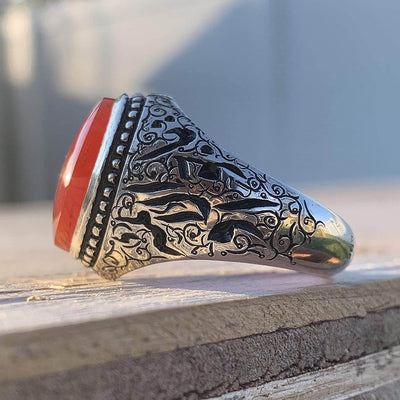 Red Aqeeq Ring Men | Yemeni Aqeeq Ring | Plain Red Aqeeq | Engraved Ya Imam Al Riza Ya Jawad Al Aaima US Size 12 - Al Ali Gems