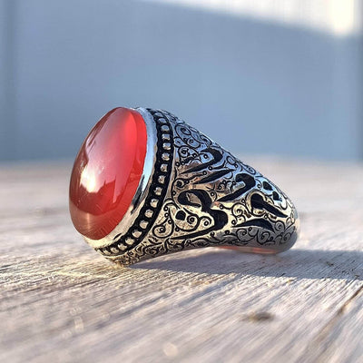Red Aqeeq Ring Men | Yemeni Aqeeq Ring | Plain Red Aqeeq | Engraved Ya Imam Al Riza Ya Jawad Al Aaima US Size 12 - Al Ali Gems