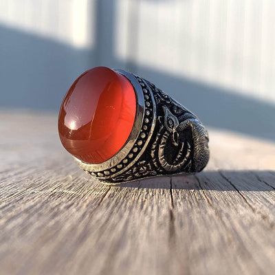 Red Aqeeq Ring Men | Yemeni Aqeeq Ring | Plain Red Aqeeq | Fully Hand Engraved Imam Hussain Shrine | US Size 10.5 - Al Ali Gems