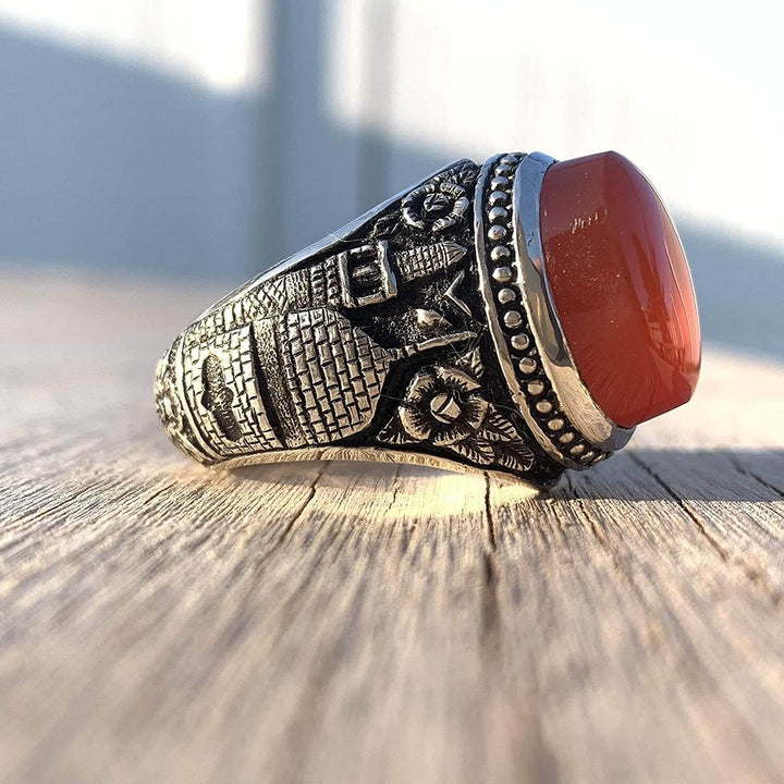 Red Aqeeq Ring Men | Yemeni Aqeeq Ring | Plain Red Aqeeq | Fully Hand Engraved Imam Hussain Shrine | US Size 10.5 - Al Ali Gems