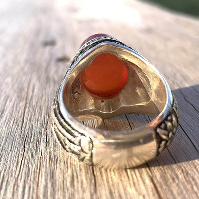 Red Aqeeq Ring Men | Yemeni Aqeeq Ring | Plain Red Aqeeq | Fully Hand Engraved Imam Hussain Shrine | US Size 10.5 - Al Ali Gems
