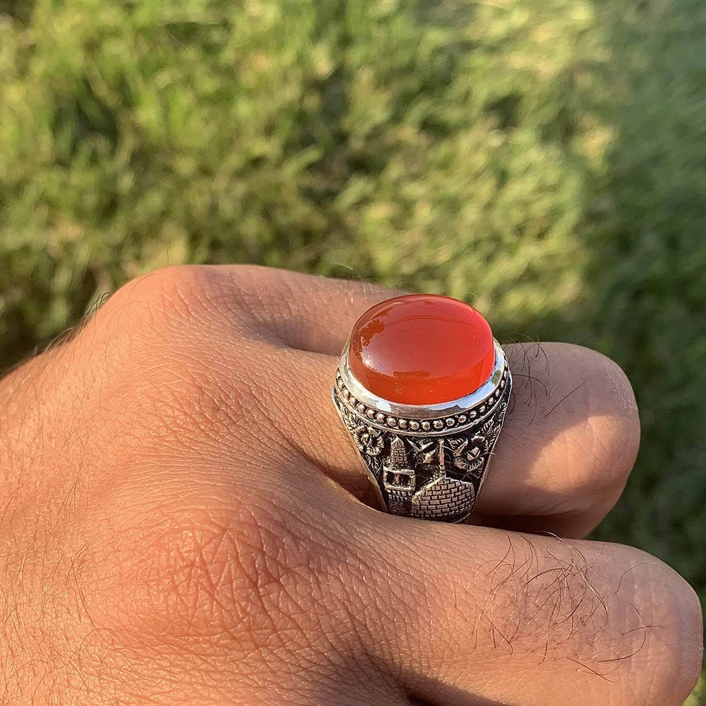 Red Aqeeq Ring Men | Yemeni Aqeeq Ring | Plain Red Aqeeq | Fully Hand Engraved Imam Hussain Shrine | US Size 10.5 - Al Ali Gems