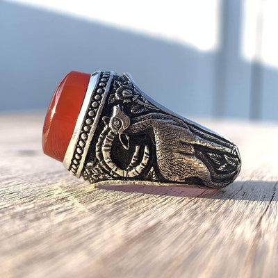 Red Aqeeq Ring Men | Yemeni Aqeeq Ring | Plain Red Aqeeq | Fully Hand Engraved Imam Hussain Shrine | US Size 10.5 - Al Ali Gems