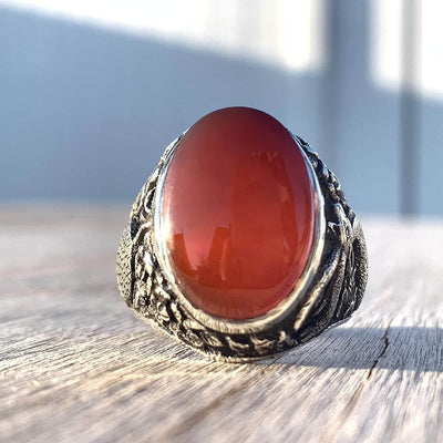 Red Aqeeq Ring Men | Yemeni Aqeeq Ring | Plain Red Aqeeq | Fully Hand Engraved Imam Hussain Shrine | US Size 11 - Al Ali Gems