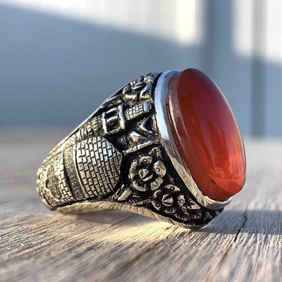 Red Aqeeq Ring Men | Yemeni Aqeeq Ring | Plain Red Aqeeq | Fully Hand Engraved Imam Hussain Shrine | US Size 11 - Al Ali Gems
