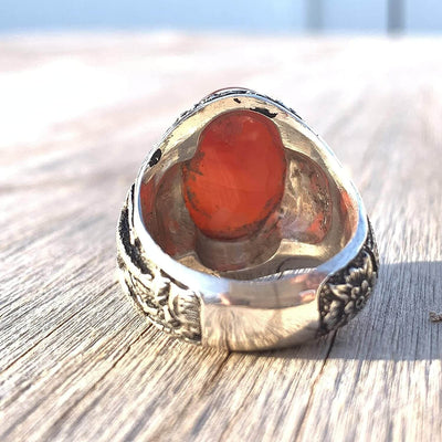 Red Aqeeq Ring Men | Yemeni Aqeeq Ring | Plain Red Aqeeq | Fully Hand Engraved Imam Hussain Shrine | US Size 11 - Al Ali Gems