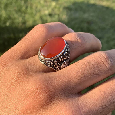 Red Aqeeq Ring Men | Yemeni Aqeeq Ring | Plain Red Aqeeq | Fully Hand Engraved Imam Hussain Shrine | US Size 11 - Al Ali Gems