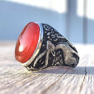 Red Aqeeq Ring Men | Yemeni Aqeeq Ring | Plain Red Aqeeq | Fully Hand Engraved Imam Hussain Shrine | US Size 11 - Al Ali Gems