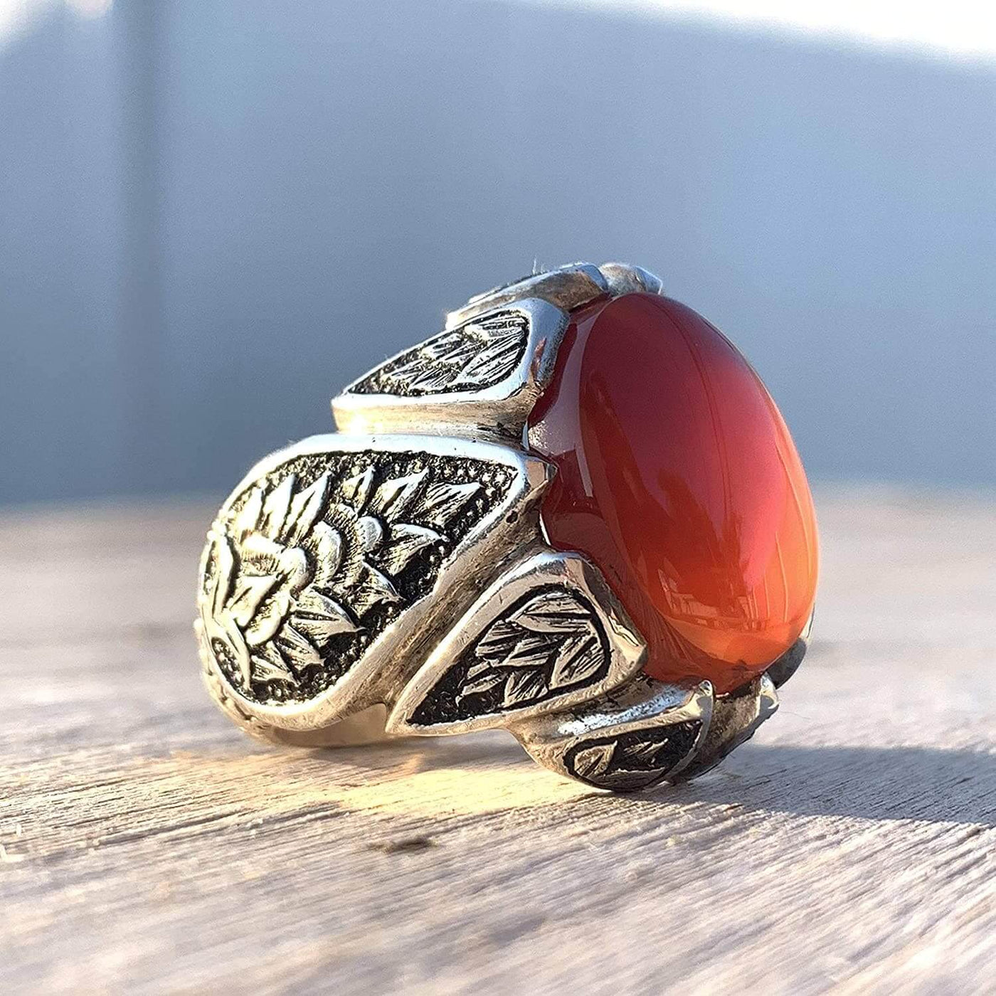 Handmade Silver Aqeeq Stone Ring Size 11. Pen method engraved - Al Ali Gems