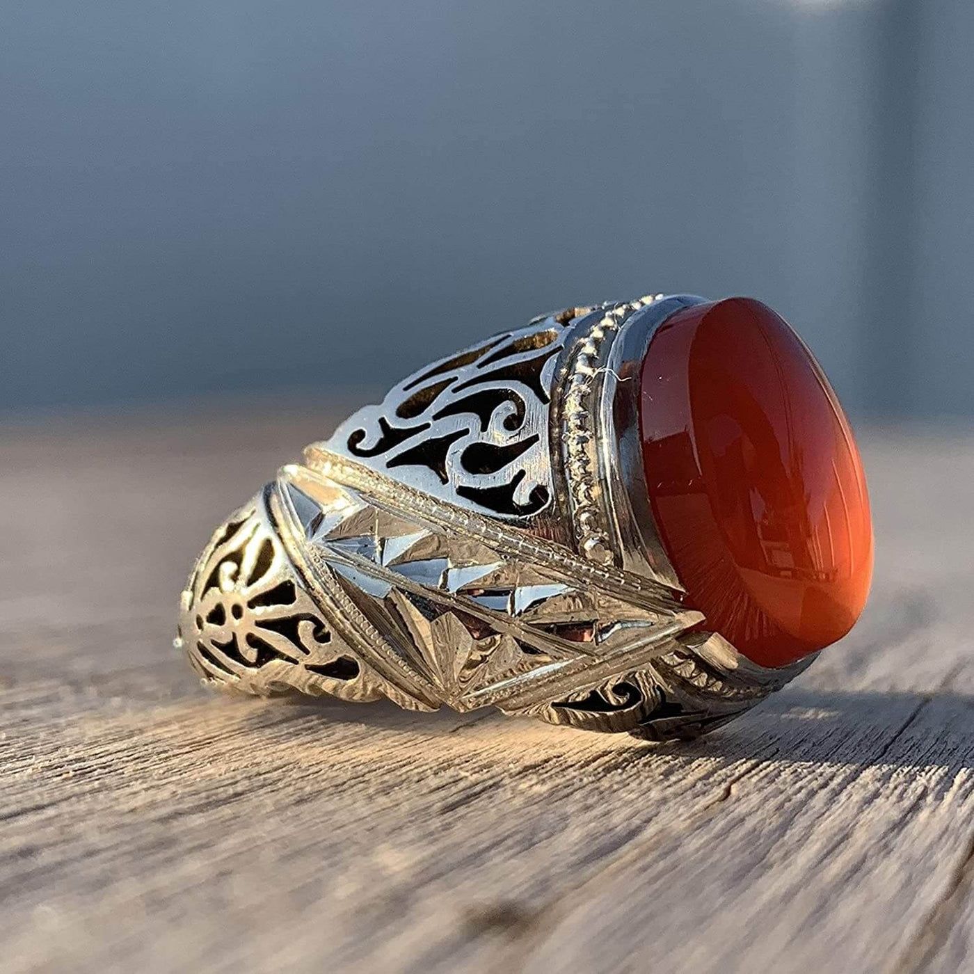 Red Aqeeq Ring Men | Yemeni Aqeeq Ring | Plain Red Aqeeq | Fully Hand Engraved On Sterling Silver 925 US Size 11 - Al Ali Gems