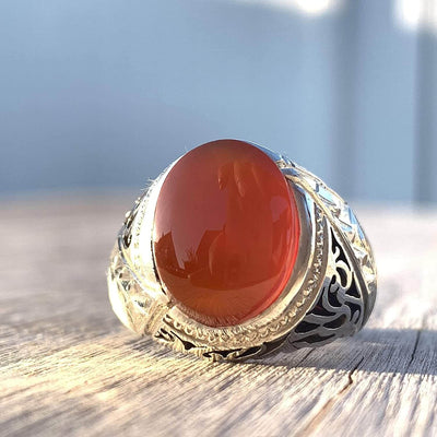Red Aqeeq Ring Men | Yemeni Aqeeq Ring | Plain Red Aqeeq | Fully Hand Engraved On Sterling Silver 925 US Size 11 - Al Ali Gems