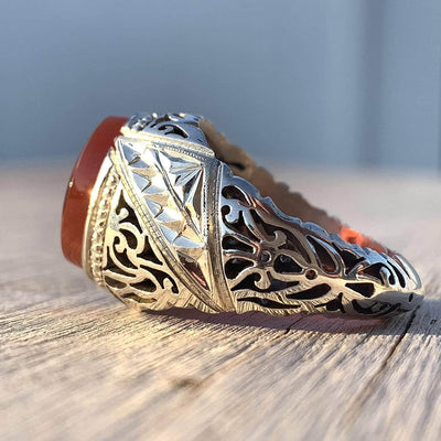 Red Aqeeq Ring Men | Yemeni Aqeeq Ring | Plain Red Aqeeq | Fully Hand Engraved On Sterling Silver 925 US Size 11 - Al Ali Gems