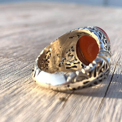 Red Aqeeq Ring Men | Yemeni Aqeeq Ring | Plain Red Aqeeq | Fully Hand Engraved On Sterling Silver 925 US Size 11 - Al Ali Gems