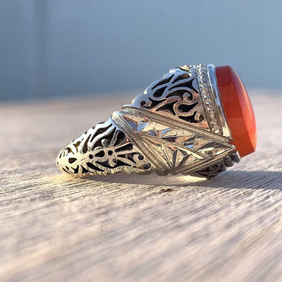 Red Aqeeq Ring Men | Yemeni Aqeeq Ring | Plain Red Aqeeq | Fully Hand Engraved On Sterling Silver 925 US Size 11 - Al Ali Gems