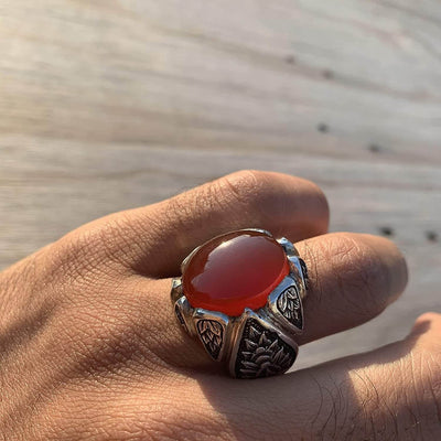 Handmade Silver Aqeeq Stone Ring Size 11. Pen method engraved - Al Ali Gems