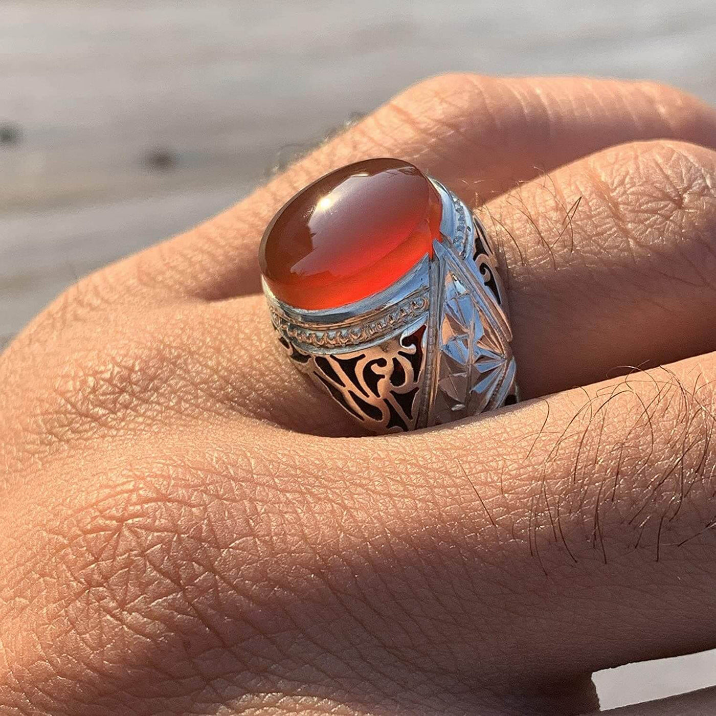 Red Aqeeq Ring Men | Yemeni Aqeeq Ring | Plain Red Aqeeq | Fully Hand Engraved On Sterling Silver 925 US Size 11 - Al Ali Gems