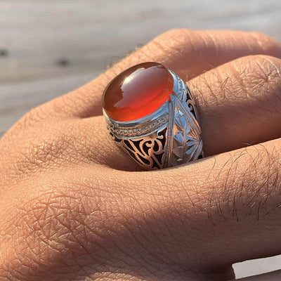 Red Aqeeq Ring Men | Yemeni Aqeeq Ring | Plain Red Aqeeq | Fully Hand Engraved On Sterling Silver 925 US Size 11 - Al Ali Gems