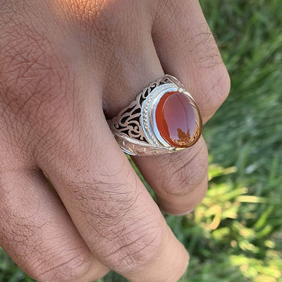 Red Aqeeq Ring Men | Yemeni Aqeeq Ring | Plain Red Aqeeq | Fully Hand Engraved On Sterling Silver 925 US Size 11 - Al Ali Gems