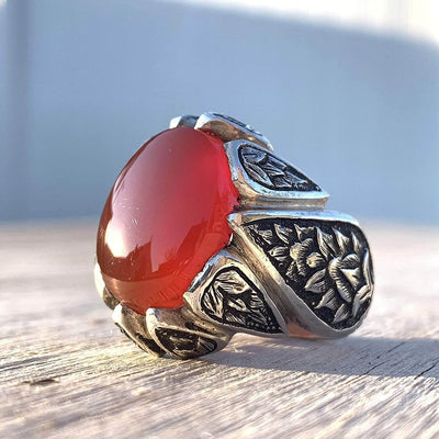 Handmade Silver Aqeeq Stone Ring Size 11. Pen method engraved - Al Ali Gems