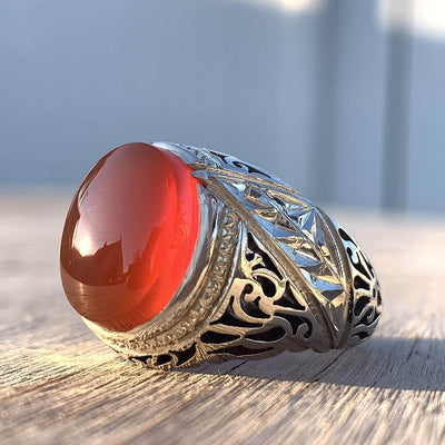 Red Aqeeq Ring Men | Yemeni Aqeeq Ring | Plain Red Aqeeq | Fully Hand Engraved On Sterling Silver 925 US Size 11 - Al Ali Gems