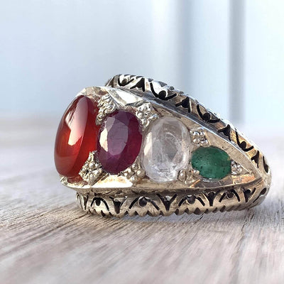 Red Aqeeq Ring Multi Stone Handmade Persian Ring | AlAliGems | Ruby Emerald Sapphire Peridot Agate Quartz Turquoise Us Size 11.5 - Al Ali Gems