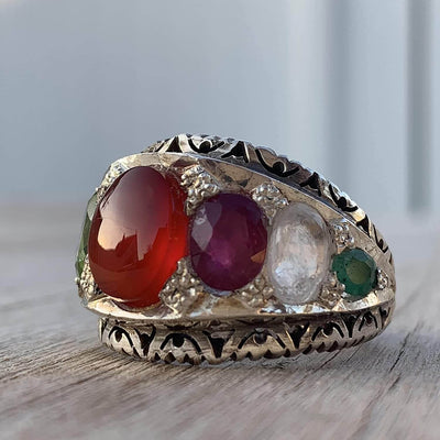 Red Aqeeq Ring Multi Stone Handmade Persian Ring | AlAliGems | Ruby Emerald Sapphire Peridot Agate Quartz Turquoise Us Size 11.5 - Al Ali Gems