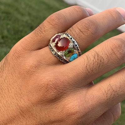 Red Aqeeq Ring Multi Stone Handmade Persian Ring | AlAliGems | Ruby Emerald Sapphire Peridot Agate Quartz Turquoise Us Size 11.5 - Al Ali Gems