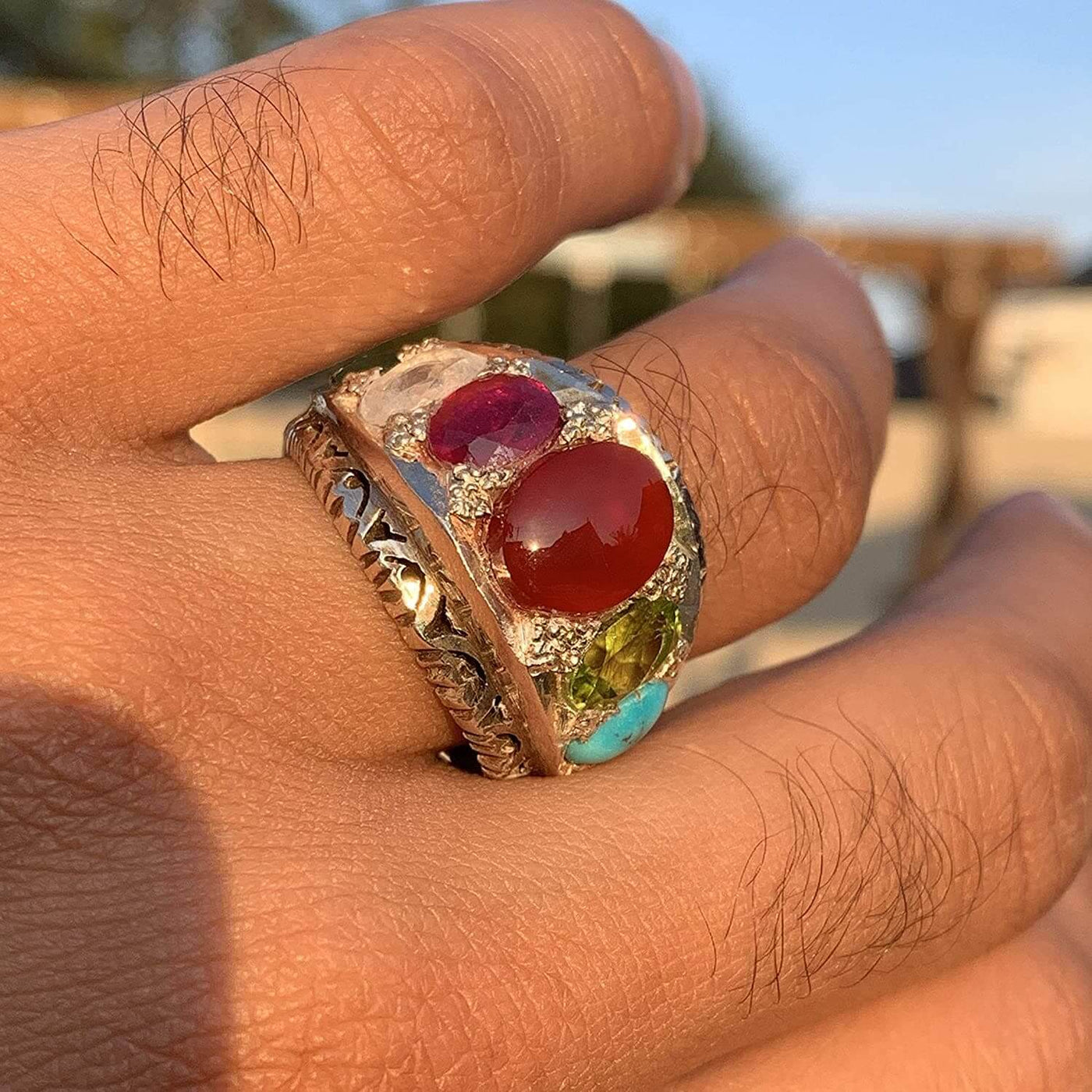 Red Aqeeq Ring Multi Stone Handmade Persian Ring | AlAliGems | Ruby Emerald Sapphire Peridot Agate Quartz Turquoise Us Size 11.5 - Al Ali Gems