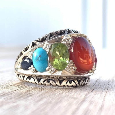 Red Aqeeq Ring Multi Stone Handmade Persian Ring | AlAliGems | Ruby Emerald Sapphire Peridot Agate Quartz Turquoise Us Size 11.5 - Al Ali Gems